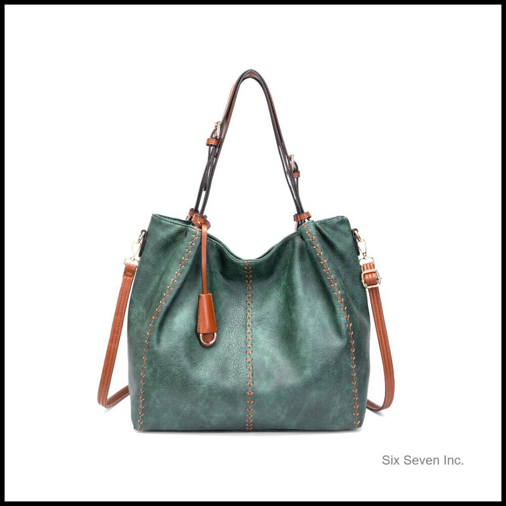 Vintage Hobo Shoulder Bag Soft Leather Structured Tote Purse Rivet Detail